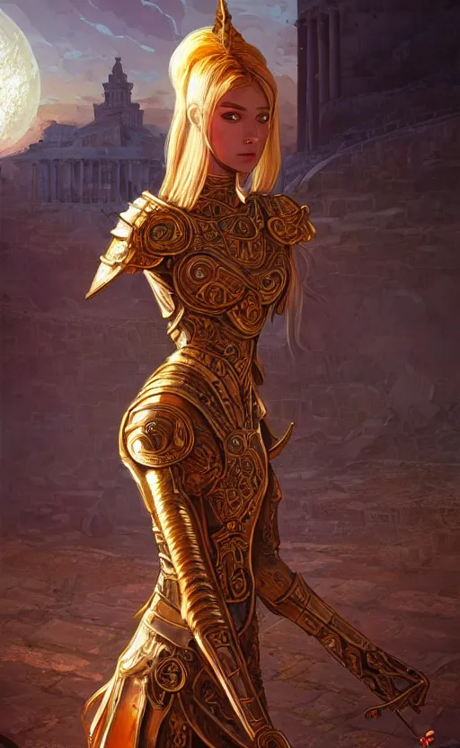 Image similar to portrait knights of zodiac girl, golden and copper shining armor, in ruined agora of athens sunrise, ssci - fi and fantasy, intricate and very very beautiful and elegant, highly detailed, digital painting, artstation, concept art, smooth and sharp focus, illustration, art by ilya kuvshinov and tian zi and wlop and z - - ed