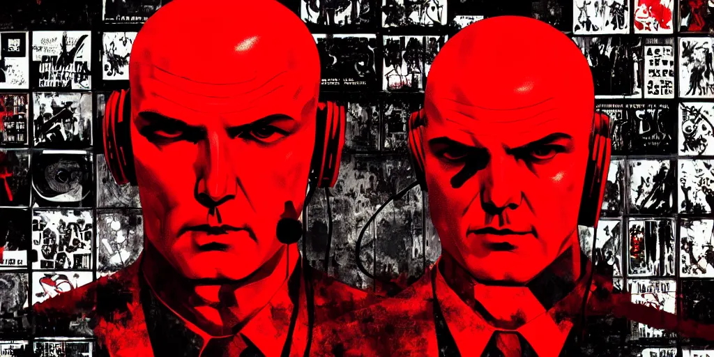 Prompt: a portrait of agent 4 7 from hitman wearing headphones in front of a wall of vinyl records, head being lit by red rim light, digital art, artstation, art by yoji shinkawa