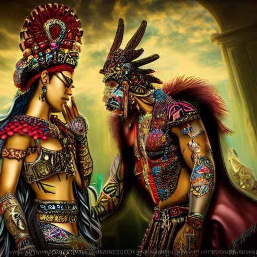 Image similar to the marriage between a aztec god and a modern goddess in the style of high urban fantasy Hyper detailed Hyper Photorealistic High Resolution HD 8k post-processing