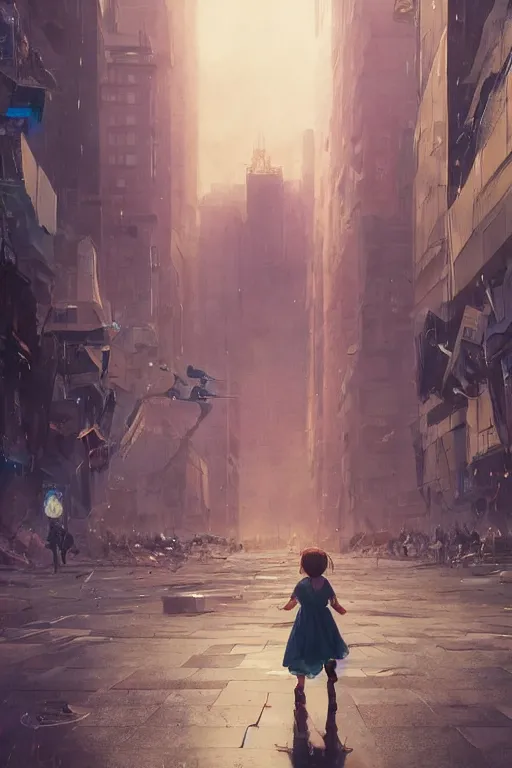 Prompt: a portrait of a small person wearing a cute dress in the middle foreground walking in the street of a sci-fi city by Greg Rutkowski, Sung Choi, Mitchell Mohrhauser, Maciej Kuciara, Johnson Ting, Maxim Verehin, Peter Konig, final fantasy , mythical, 8k photorealistic, cinematic lighting, HD, high details, atmospheric,
