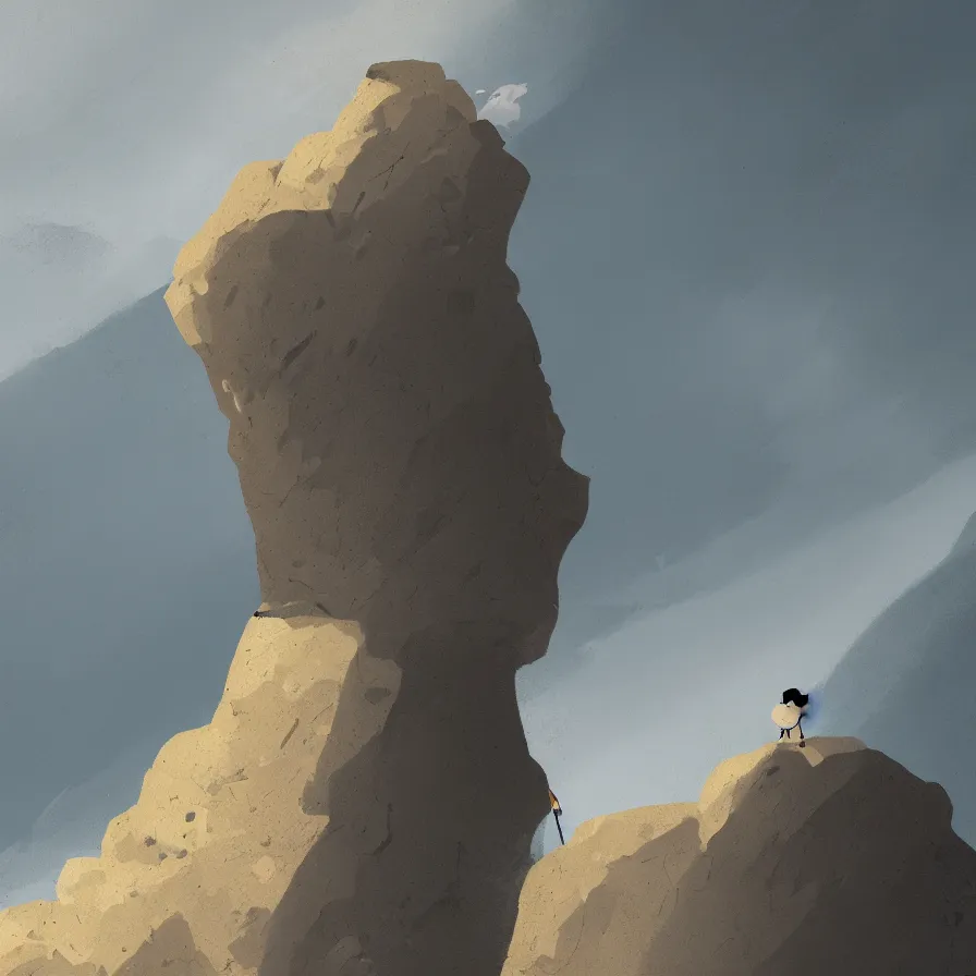 Prompt: Image from afar, man looking from the top of a large rock cliff, the sea hits the large stones hard, the clouds let through subtle rays of light, ilustration art by Goro Fujita