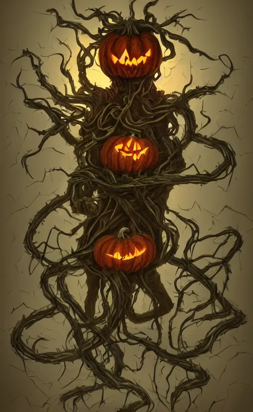 Image similar to fantasy monster concept art, a jack o lantern monster with vines for a body walking down a street of nightmares, dynamic lighting, photorealistic, trending on art station, stunning visuals, creative, cinematic, ultra detailed, atmospherical, ambient lighting, scary art, eery art