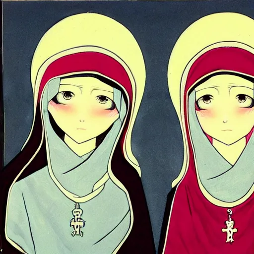 Prompt: two identical beautiful nuns with large eyes, face to face, full of detail, subtle anime style,