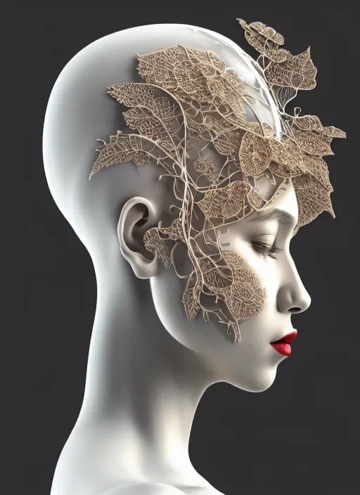 Image similar to complex 3d render ultra detailed of a beautiful porcelain profile woman face, mechanical cyborg, 150 mm, beautiful natural soft light, rim light, silver gold details, magnolia big leaves and stems, roots, fine foliage lace, maze like, mesh wire, intricate details, hyperrealistic, ultra detailed, mandelbrot fractal, anatomical, red lips, white metal neocubism armor, facial muscles, cable wires, microchip, elegant, octane render, H.R. Giger style, 8k
