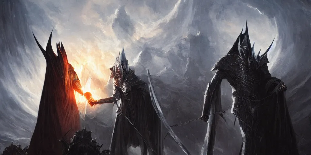Prompt: Sauron fighting Saruman, the eye of Sauron, the lord of the rings, backlighting, oil painting, by Greg Rutkowski
