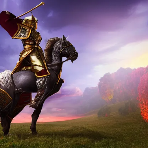 Prompt: historical person peter i on battle horse with incrustiated armor with high detail in universe of heroes of might and magic, gorgeous, high detail, cinema 4 d, beautiful, battle, magic, fantasy, war, castle, battle, flags, imperial russia, sunset, lights