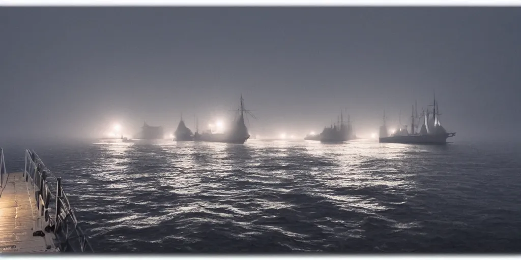 Prompt: bismarck sailing through thick fog at night, high detail, high definition, photorealistic, 8k