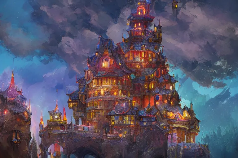 Prompt: beautiful extravagant castle, colorful, majestic, artstation, trending, highly detailed, concept art by li shuxing