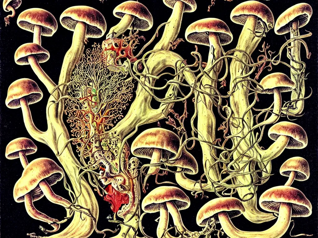 Image similar to human eating yourself with mushrooms, neo surrealism, art by ernst haeckel