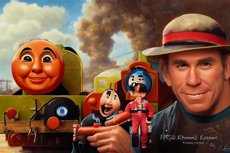 Prompt: portrait of wwf shawn michaels and thomas the tank engine sharing hotdogs, an oil painting by ross tran and thomas kincade