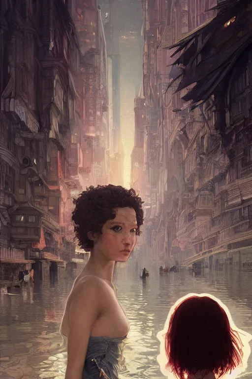 Prompt: a photograph of a mixed race woman, in the background the city is in panic and there is a flooding, fantasy, sharp focus, intricate, elegant, digital painting, artstation, matte, highly detailed, concept art, illustration, ambient lighting, art by ilya kuvshinov, artgerm, alphonse mucha, and greg rutkowski