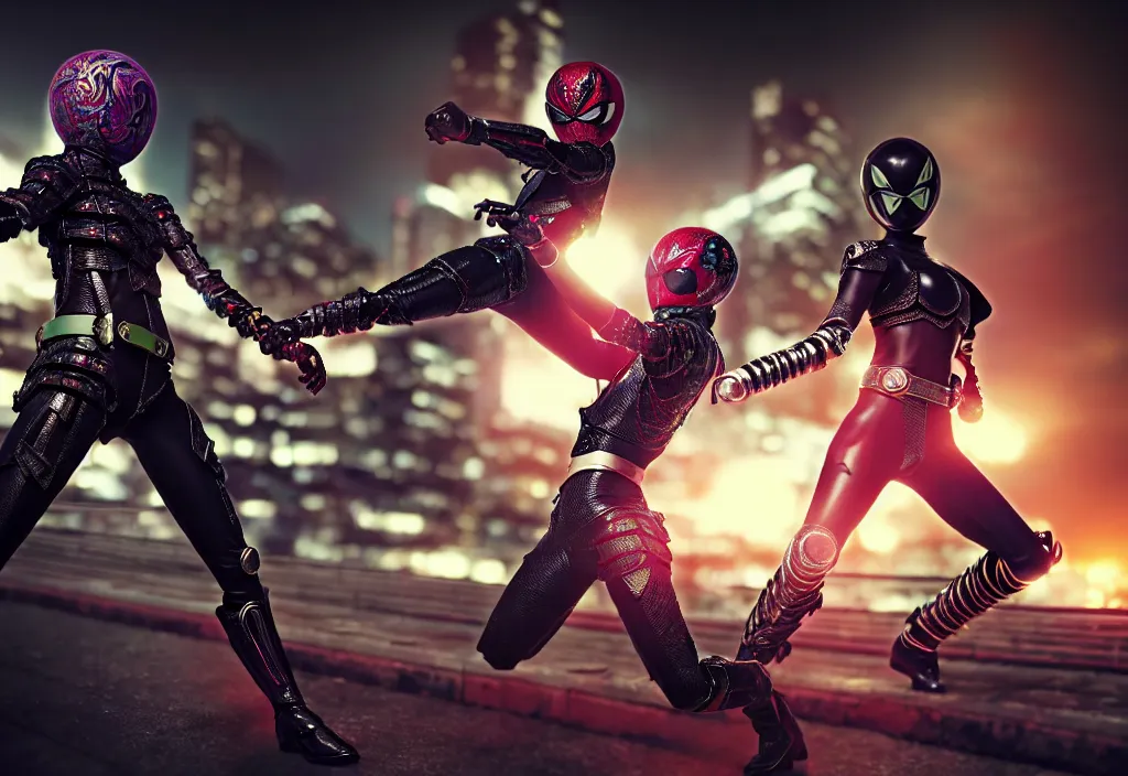 Image similar to huge belt, female kamen rider, hero action pose, human structure, insect art concept, full body hero, intricate detail, hyperrealistic art and illustration by a. k. a limha lekan a. k. a maxx soul and alexandre ferra, global illumination, blurry and sharp focus, on future tokyo night rooftop, frostbite engine