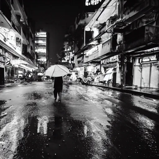 Image similar to cyberpunk ho chi minh city in the rain, time - lapse, photojournalism, wide angle, perspective, double - exposure, light, tones of black in background