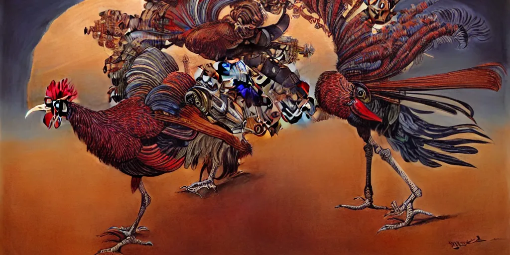 Image similar to digital painting of two mechanical roosters fighting, by wayne barlowe and bob pepper and karl wilhelm de hamilton, dieselpunk, steampunk, highly detailed, intricate, sharp focus, portrait, talons, anatomy, beak, wings