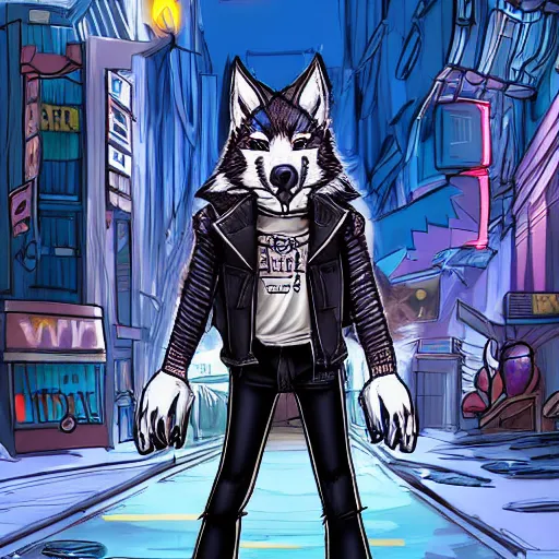 Image similar to beautiful furry art portrait digital art commission of a furry anthro wolf fursona wearing punk clothes in the streets of a cyberpunk city. character design by rick griffin, miles df