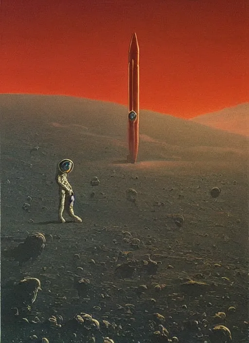 Image similar to A painting in a style of Beksinski of Mars. There is Elon Musk and a rocket. Very detailed, symmetry