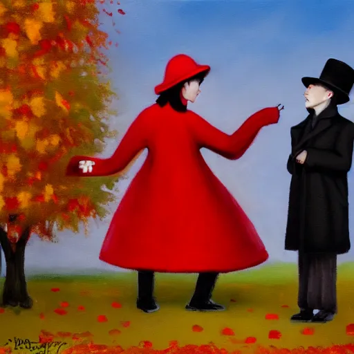 Image similar to A thin man in a black coat and bowler hat talks with small girl dressed in a red coat and a red hat, park, autumn, oil painting style, wide angle, high detail, width 768