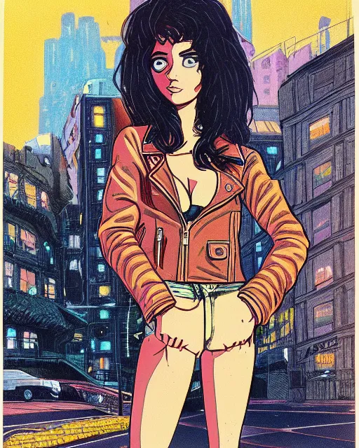 Image similar to portrait of an attractive young female protagonist wearing leather jacket, center focus, in city street, detailed artwork by ralph bakshi