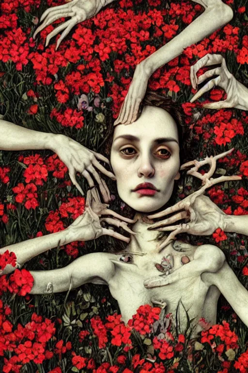 Prompt: a person lying among flowers and bones, large eyes and lips and is dreaming about mortality, HD Mixed media collage, depth of field, liminal space, highly detailed and intricate, surreal illustration in the style of Caravaggio, baroque dark art