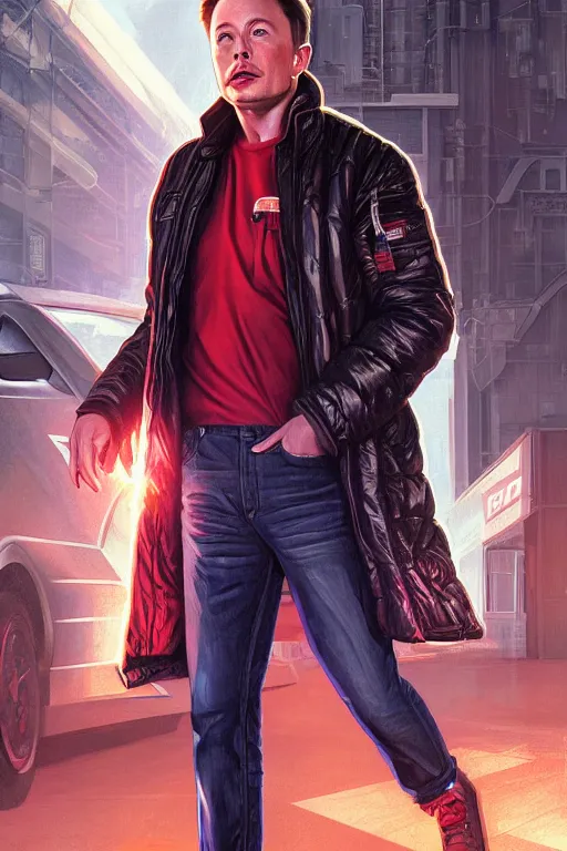 Image similar to elon musk as marty mcfly near delorean, realistic portrait, symmetrical, highly detailed, digital painting, artstation, concept art, smooth, sharp focus, illustration, cinematic lighting, art by artgerm and greg rutkowski and alphonse mucha