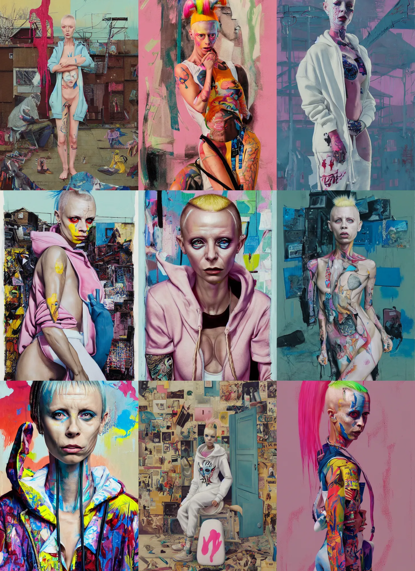 Prompt: still from music video of yolandi visser from die antwoord standing in a township street, wearing a hoodie, street clothes, full figure portrait painting by njideka akunyili crosby and martine johanna, earl norem, ismail inceoglu, pastel color palette, 3 5 mm lens