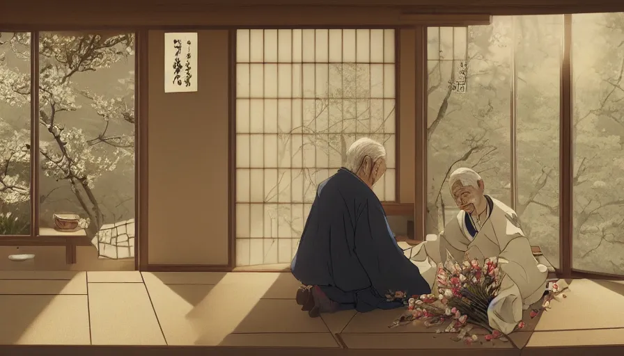 Image similar to old japanese man giving flowers to his wife, japanese house, romantic, drawing, light through windows, hyperdetailed, artstation, cgsociety, 8 k