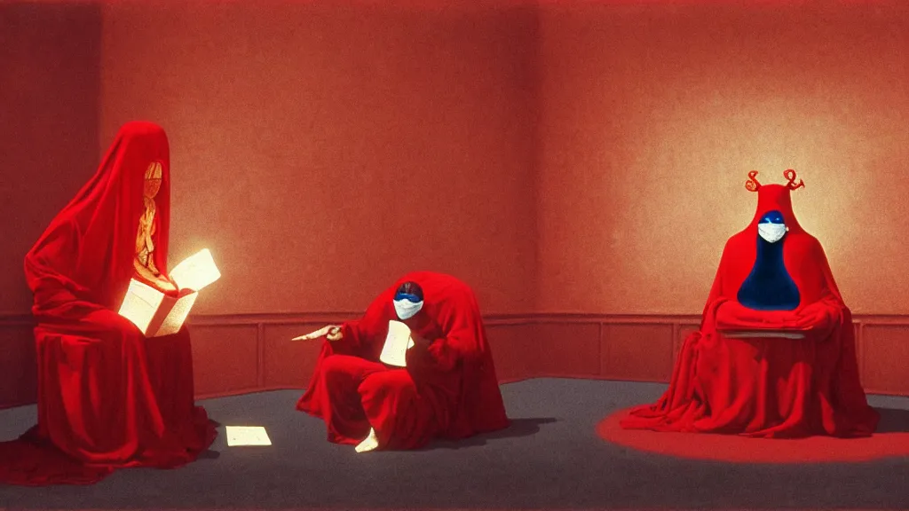 Image similar to a fortune teller wearing a mask sits in a red velvet room reading a fortune, film still from the movie directed by Studio Ghibli with art direction by Zdzisław Beksiński and Salvador Dalí, wide lens