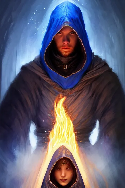 Prompt: Front portrait of a hooded mage hold a blue fire and detailed staff, full body, fine art, awesome fantasy book cover on Pinterest, award winning, dark fantasy landscape, fantasy magic, intricate, elegant, sharp focus, cinematic lighting, highly detailed, digital painting, concept art, art by WLOP and Artgerm and Greg Rutkowski, masterpiece, trending on artstation, 8K