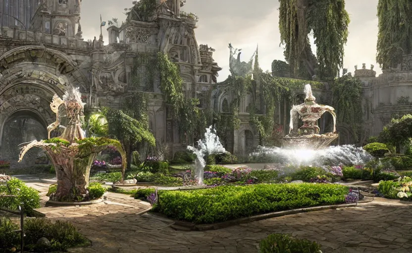 Image similar to A beautiful garden, next to a fountain and a mystical palace, hyperrealistic mixed media, stunning 3d render inspired art by P. Craig Russell and Barry Windsor-Smith + perfect facial symmetry + dim volumetric lighting, 8k octane beautifully detailed render, post-processing, extremely hyperdetailed, intricate futuristic mechanic parts, epic composition, grim yet sparkling atmosphere, cinematic lighting + masterpiece, trending on artstation