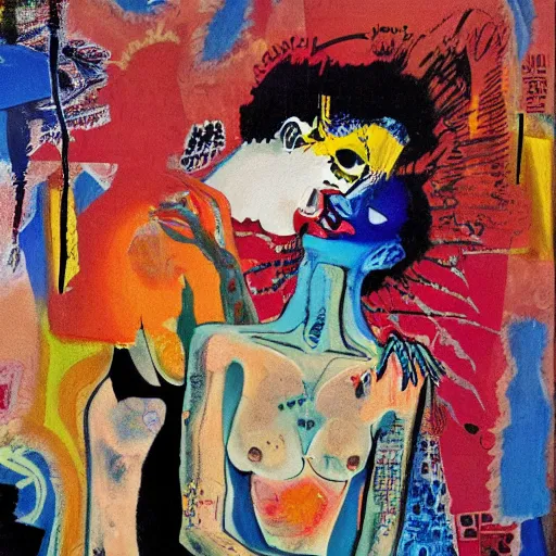 Image similar to acrylic painting of two bizarre psychedelic women kissing in japan in winter, speculative evolution, mixed media collage by basquiat and jackson pollock, maximalist magazine collage art, sapphic art, psychedelic illustration