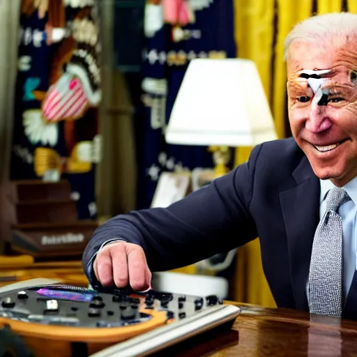 Image similar to joe biden playing using a pioneer cdj in the oval office, cdj nxs 2, high quality photo sharp focus bright direct light, shot by terry richardson