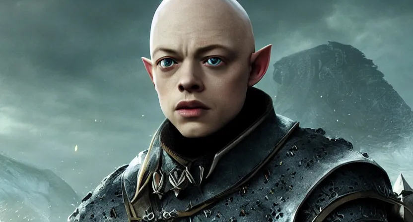 Image similar to promotional image of dane dehaan as a bald elf in dragon age : inquisition, hyperrealistic, detailed face, movie still, promotional image, imax 7 0 mm footage