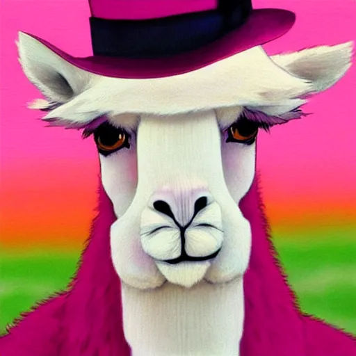 Prompt: portrait of a pink alpaca wearing a suit by Hayao Miyazaki, manga, trending on artstation, beautiful, colorful