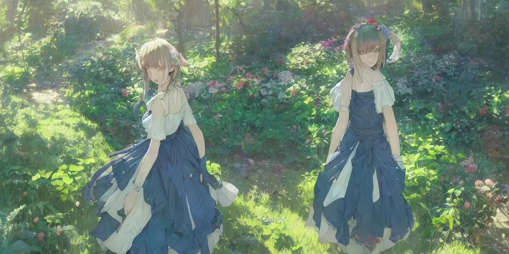 Image similar to a depressed digital art, loli in dress, garden, green and warm theme, blue accents, back lighting, highly detailed, 4 k resolution, trending on art station, by krenz cushart and mucha and akihito yoshida and greg rutkowski and makoto shinkai