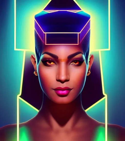 Image similar to symmetry!! egyptian queen of technology, solid cube of light, hard edges, product render retro - futuristic poster scifi, lasers and neon circuits, brown skin beautiful egyptian, queen, intricate, elegant, highly detailed, digital painting, artstation, concept art, smooth, sharp focus, illustration, dreamlike, art by artgerm