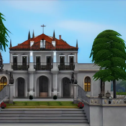 Prompt: a spanish colonial mansion, sims 3 screenshot