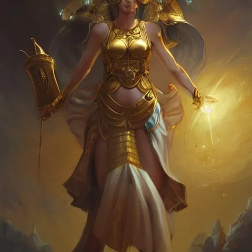 Image similar to Athena of Abyssinia in gold, defeats Chronos with throwing disc, by Peter Mohrbacher:5 Trending on Artstation:5