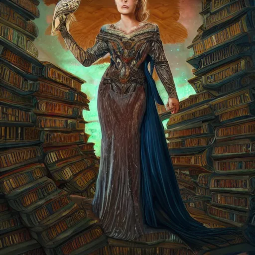 Prompt: a portrait of alexandra breckenridge as the goddess minerva surrounded by stacks of books, and owls, bioluminescent gown with deep level of detail of esoteric symbols, urban motifs, intricate, elegant, highly detailed, digital painting, trending on artstation, concept art, smooth sharp focus, illustration, art by artgerm and greg rutkowski