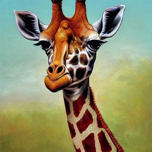 Prompt: an oil painting of a giraffe painted by arcimboldo