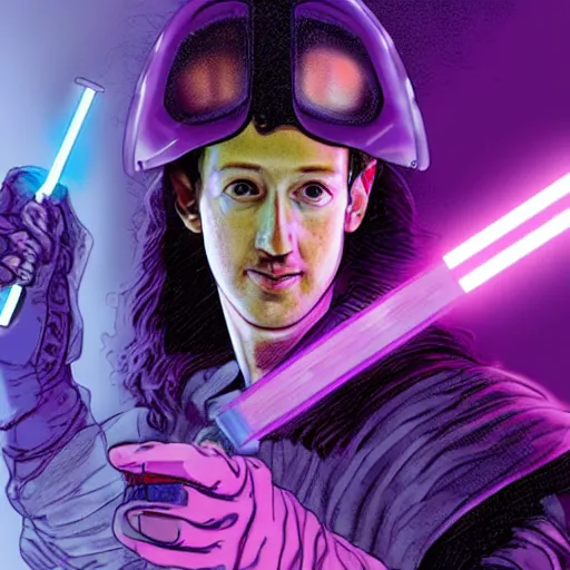 Prompt: Cyberpunk Mark Zuckerberg as a long haired medieval pilot wearing a transparent helmet while holding a purple lightsaber inside a medieval spaceship, by Diego Velázquez