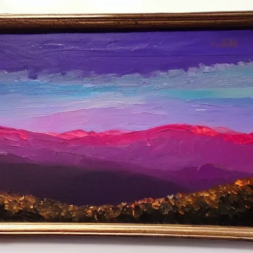Prompt: purple mountains under night sky, oil painting by Frindly McSporge
