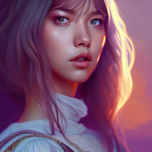 Image similar to beautiful digital painting of lalisa gray background with high detail, 8 k, stunning detail, photo by artgerm, greg rutkowski and alphonse mucha, unreal engine 5, 4 k uhd