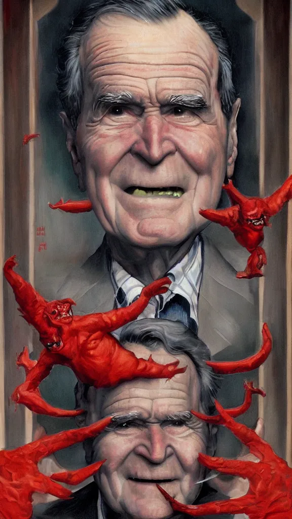 Image similar to demonic george hw bush with red horns, painting in the style of norman rockwell, 1 9 5 0 s, evil, satan, devil, demonic, demon, hyperrealistic, photorealistic, award - winning, 4 k, ultra hd, artstation, intricate, highly detailed, american, usa, dark, gritty