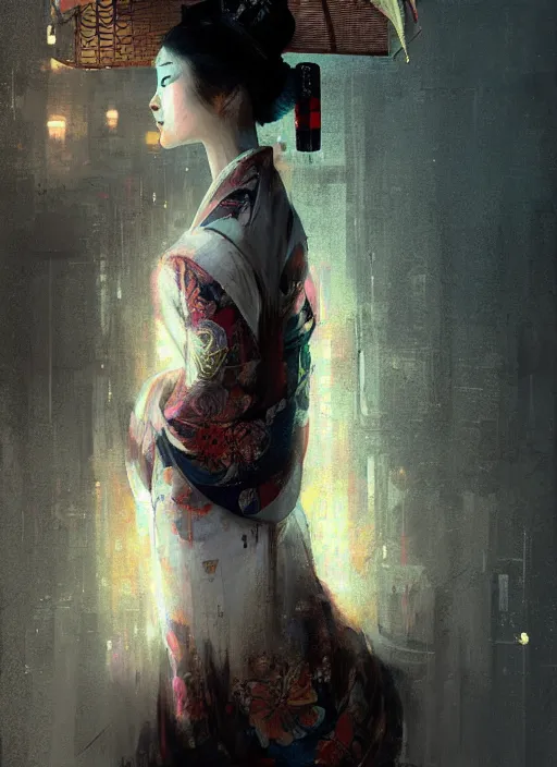 Image similar to female geisha girl, beautiful face, neon, rule of thirds, intricate outfit, spotlight, by greg rutkowski, by jeremy mann, digital painting