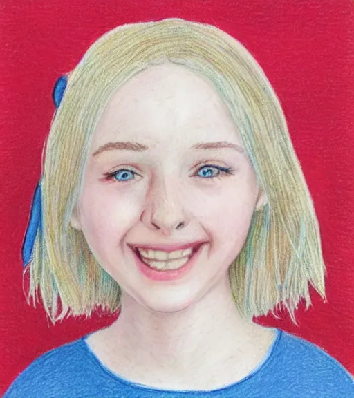 Prompt: claire barnes, a 1 5 - year - old white girl with a round face, pixie cut platinum blonde hair, round blue eyes, rosy cheeks, and a happy expression, highly detailed portrait, color pencil sketch