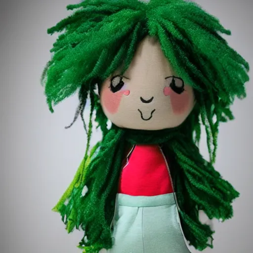 Image similar to a cute plush doll of a girl with green fire hair