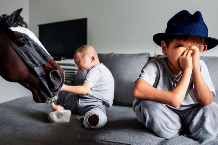 Prompt: a kid with horse head using shirt and pants and a hat while its watching tv