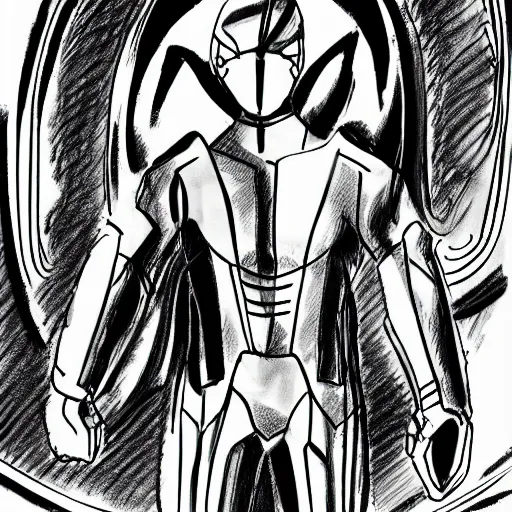 Image similar to simple quick pencil sketch storyboard, a man wearing futuristic sleek gauntlets, chest piece and helmet powers up as pulsing lines of energy swirl around him