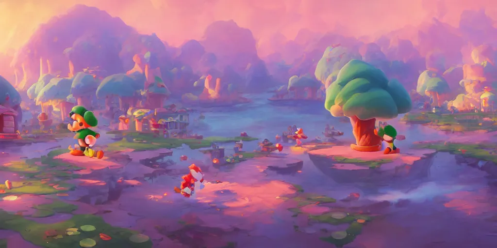 Image similar to dynamics matte painting acrylic blur oil marioworld wonderland yoshi kurbi dofus, behance hd by jesper ejsing, by rhads, makoto shinkai and lois van baarle, ilya kuvshinov, rossdraws global illumination