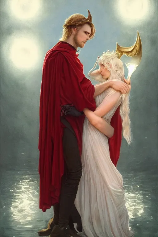 Image similar to a portrait of handsome young male nordic Satan wearing a halo of light and his elegant beautiful nordic witch wife dressed in red, bored, illustration, dramatic lighting, soft details, painting oil on canvas, art nouveau, octane render, HDR, 4k, 8k, HD, by Edmund Blair Leighton, Brom, Charlie Bowater, trending on artstation, faces by Tom Bagshaw, Sargent